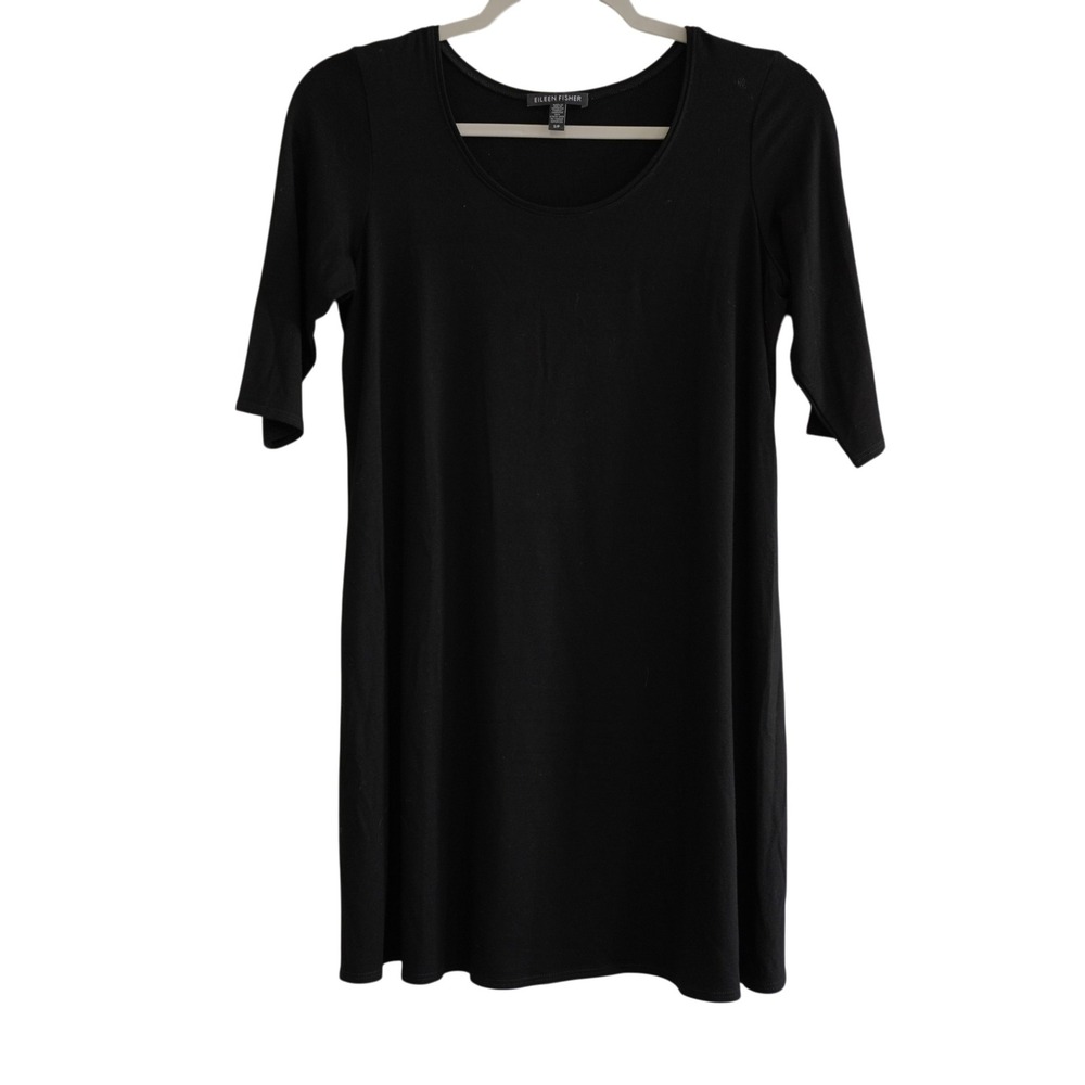 Eileen Fisher Shift Dress Size Small Black Viscose Lycra Scoop Neck Elbow Sleeve